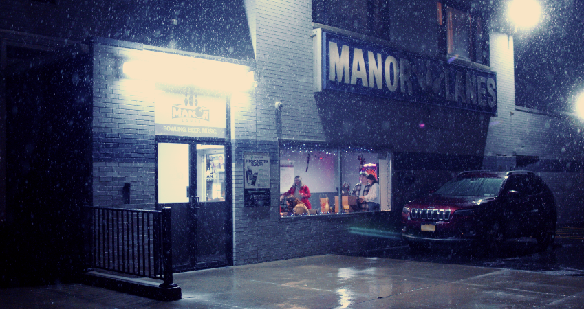 The outside of Manor Lanes bowling alley. 